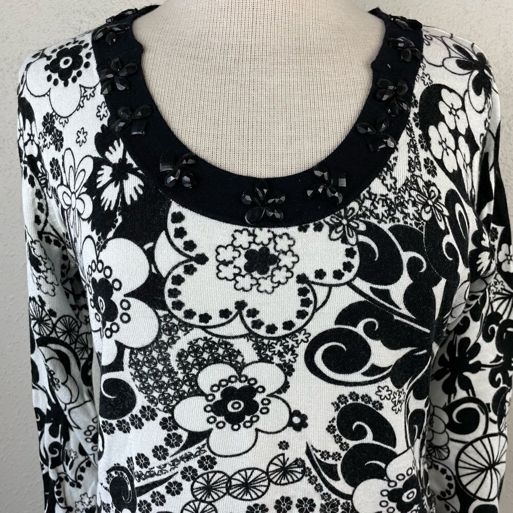 EUC Multiples Womens 3/4 Sleeve Foral Black and White Top Size M - Picture 2 of 7